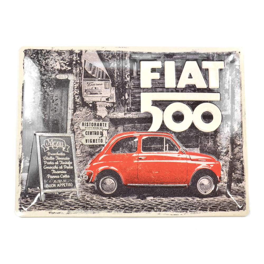 Blechschild "Fiat 500 - Red car in the street" 30 x 40 cm