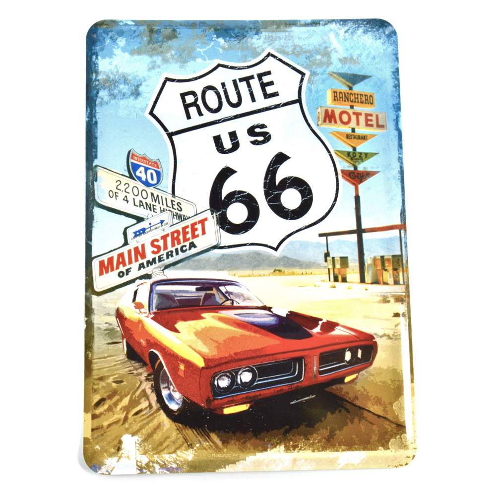 Route 66 Red Car Blechpostkarte 14x10cm